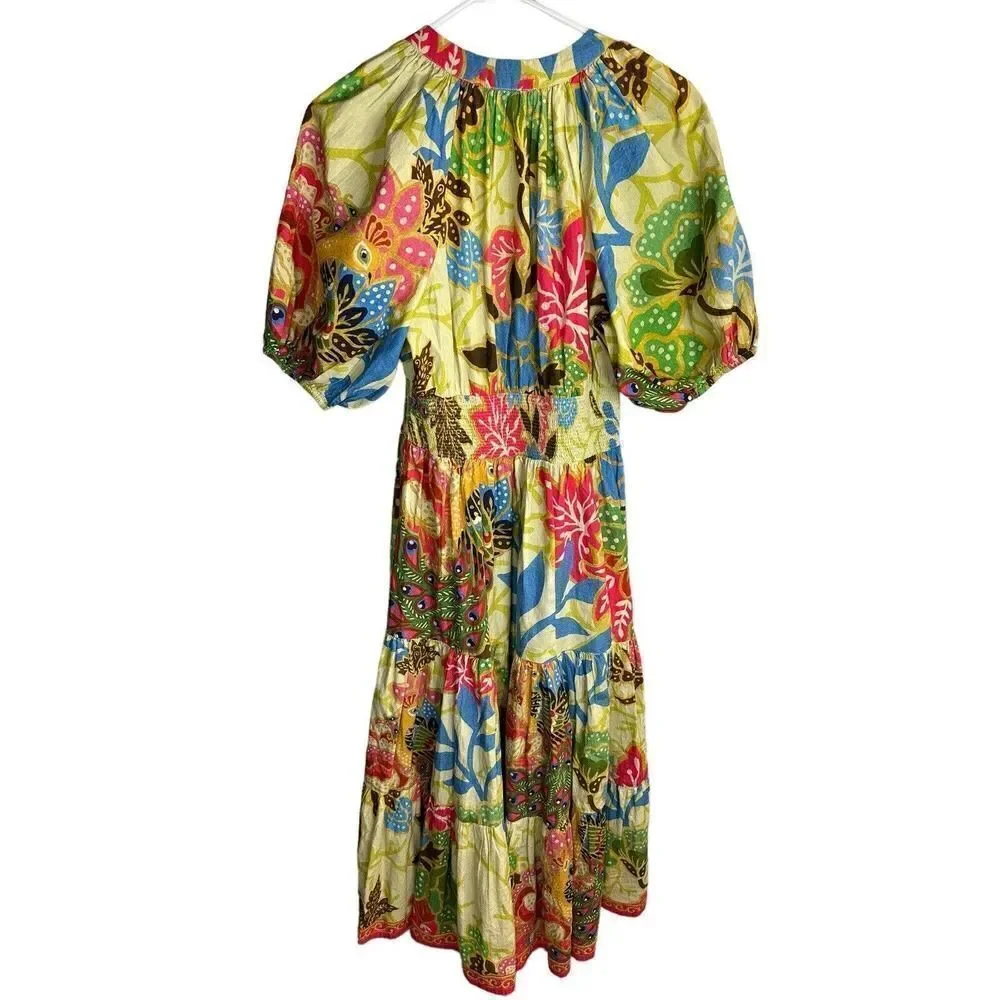 Anthropologie x Conditions Apply Puff-Sleeved Midi Dress Multicolour sz 6 US